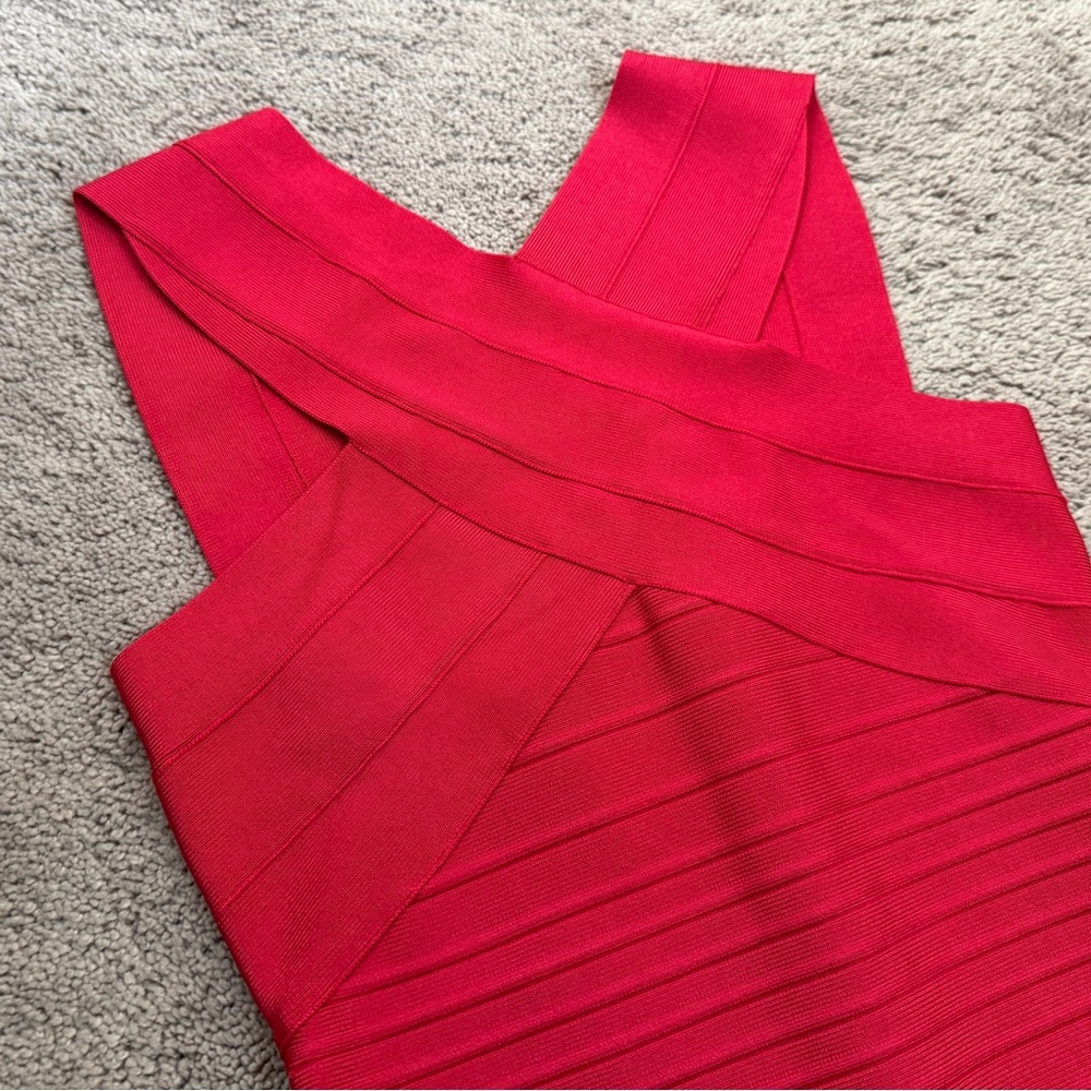 Herve Leger Red Stella Cross Front Bandage Dress - Picture 3 of 10